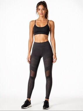 Alo Yoga Moto Mesh Panel Leggings Black Charcoal High Rise Activewear XS S